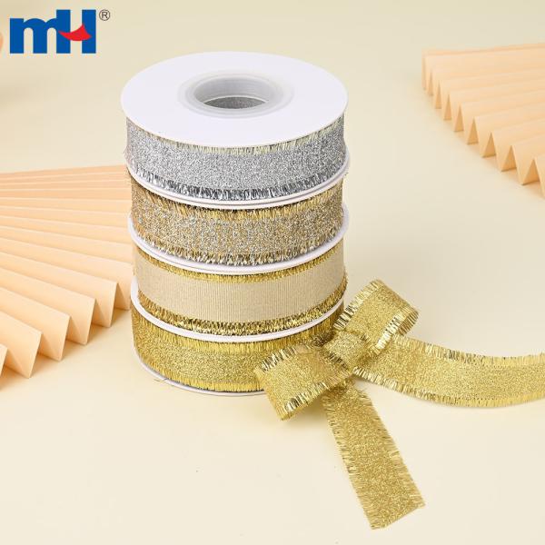 1 inch polyester fringe ribbon with metallic satin trim for hair ties