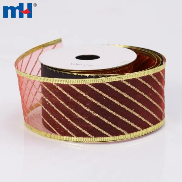 Diagonally striped wire organza Christmas ribbon