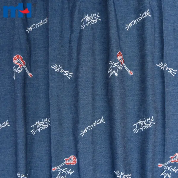 Gitar işlemeli denim kumaş