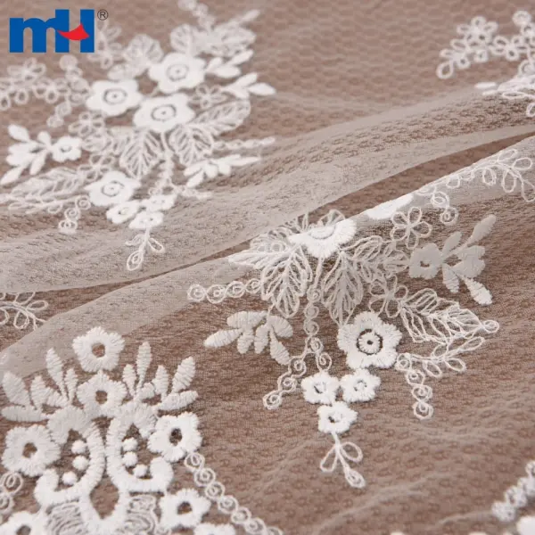 Tela de malla bordada floral blanca antigua