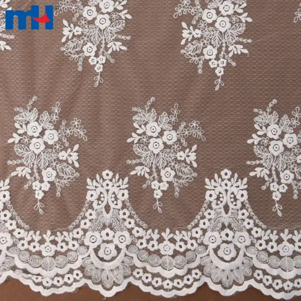 Tela de malla bordada floral blanca antigua