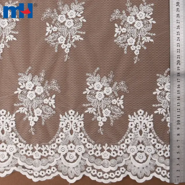 Tela de malla bordada floral blanca antigua