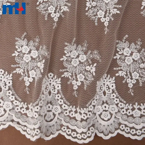Tela de malla bordada floral blanca antigua