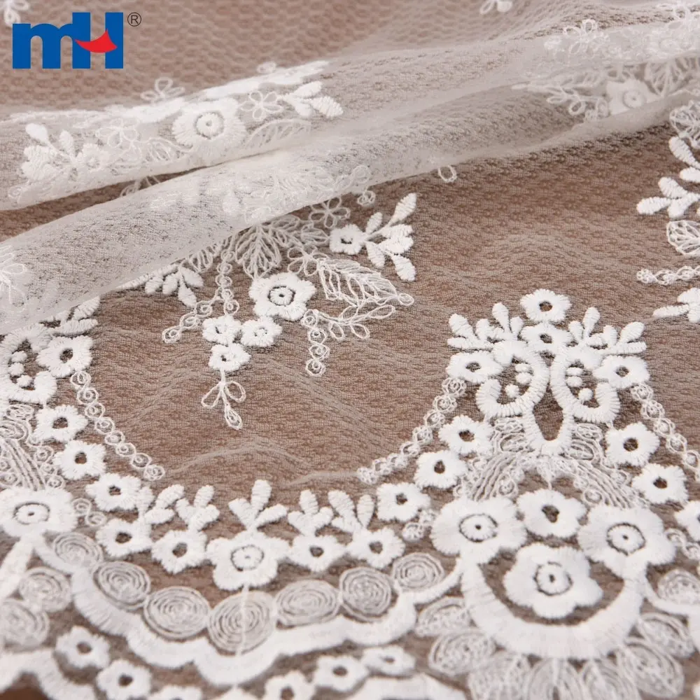 Tela de malla bordada floral blanca antigua