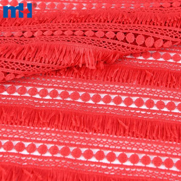 Tela de encaje químico a rayas con borlas