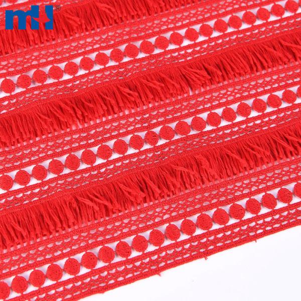Tela de encaje químico a rayas con borlas