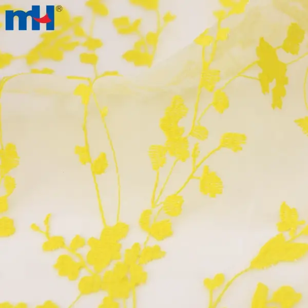 Yellow embroidered organza fabric
