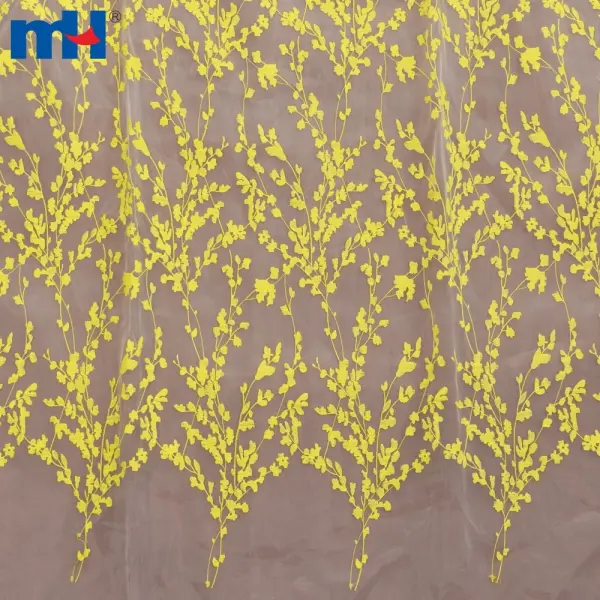 Yellow embroidered organza fabric
