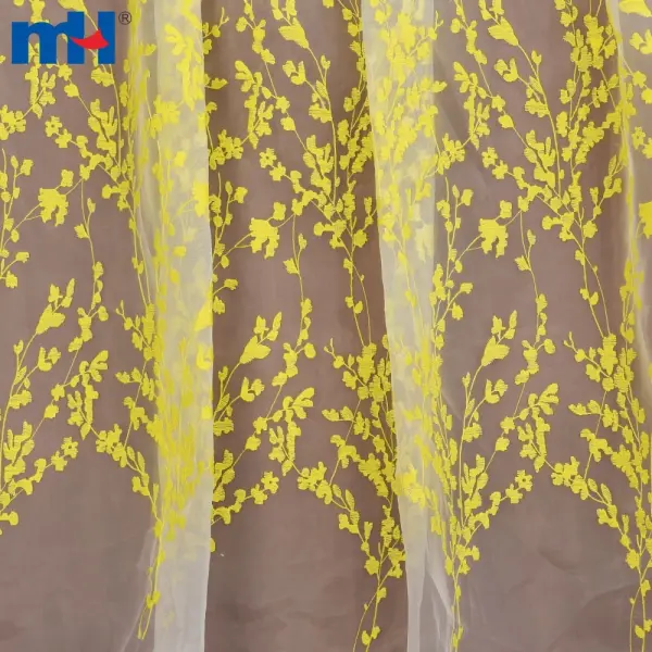 Yellow embroidered organza fabric