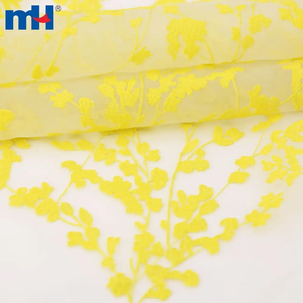 Yellow embroidered organza fabric